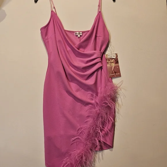 strapless open back dress Hot Pink Tight Mermaid Slit Mermaid Prom Dress with Feather  Movousdress